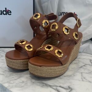 Larroude Tan Wedge Sandals with Gold Details